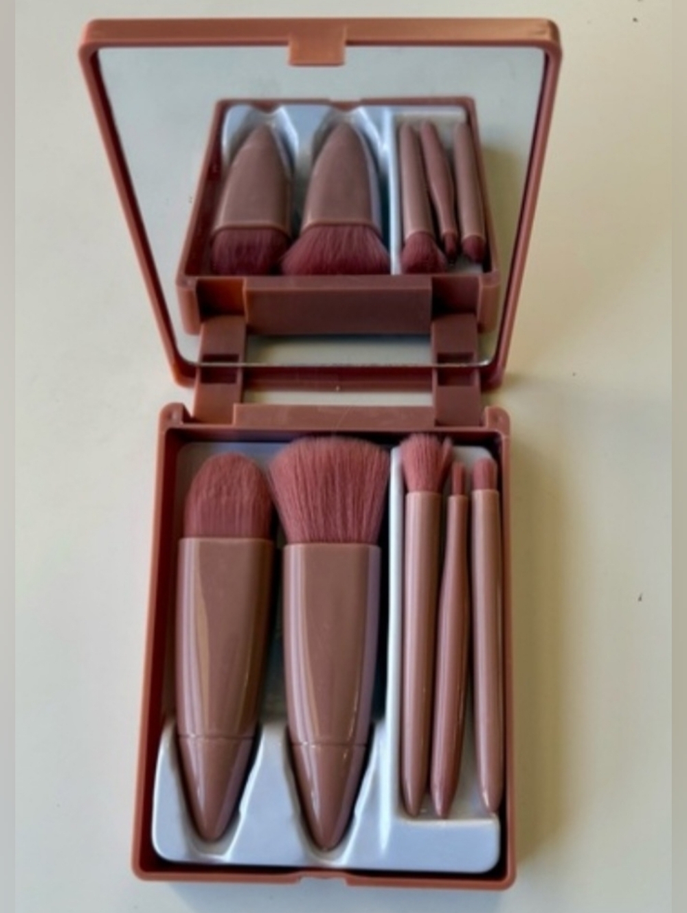 Compact Rose Pink Travel Makeup Brush Set with Mirror